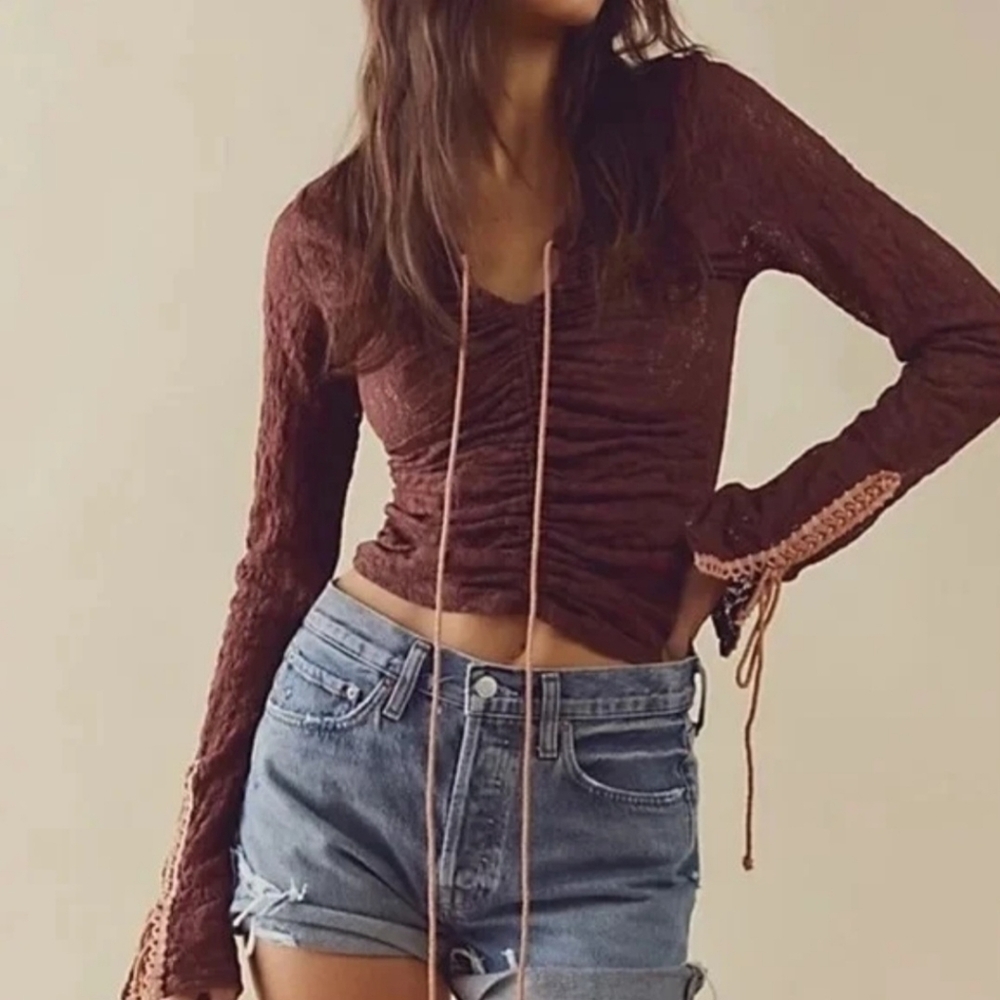 Free‎ People Lilah Lace Ruched Longsleeve Top